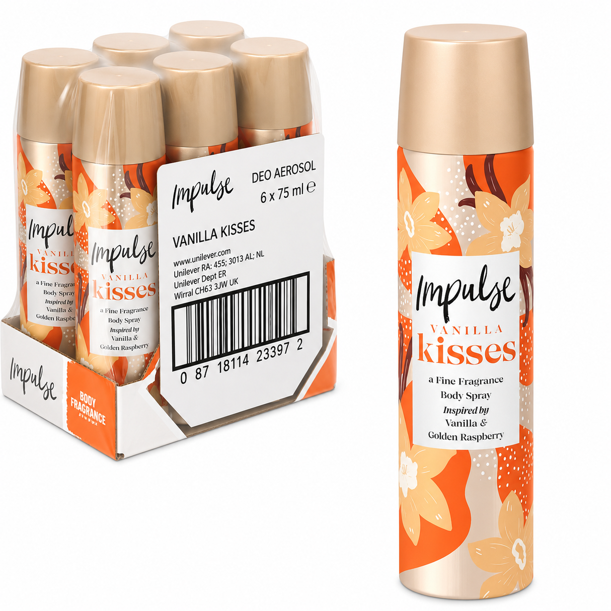 Impulse Vanilla Kisses Body Spray 75ml | Pack of 6