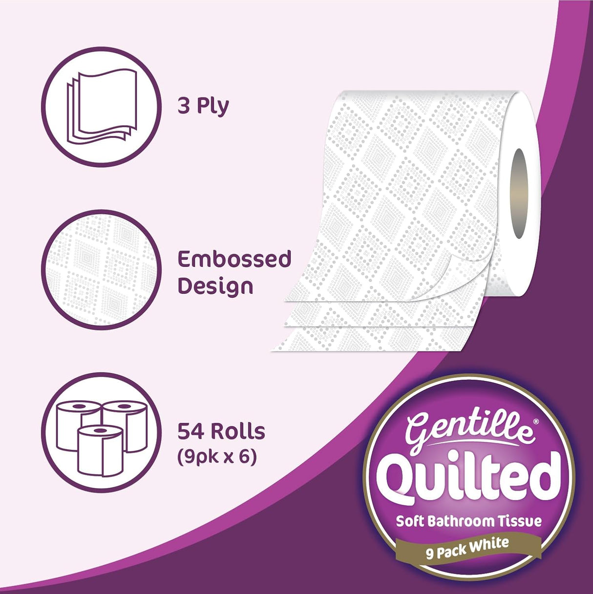 Gentille Quilted 3ply Soft White Toilet Rolls - Pack of 9 Rolls