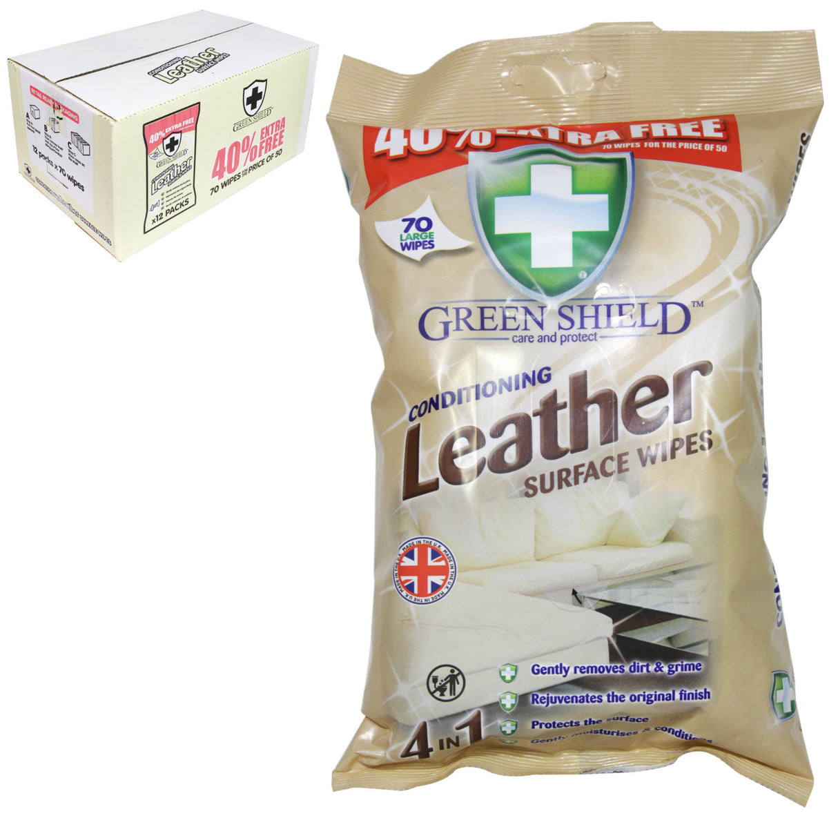 Green Shield Conditioning Leather Surface Wipes 70s I Pack of 12