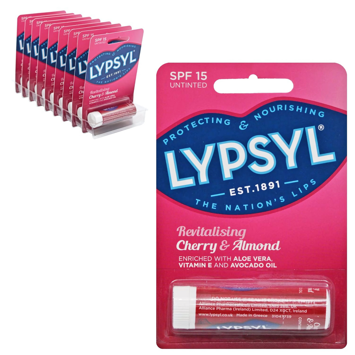 Lypsyl Cherry & Almond Lip Balm SPF15 Carded Stick 4.2g | Pack of 9
