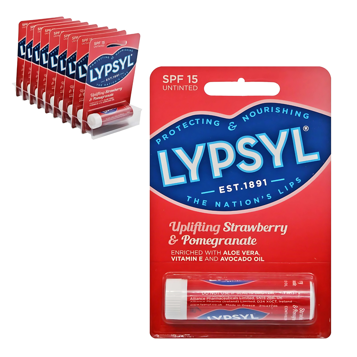 Lypsyl Strawberry & Pomegranate Lip Balm SPF15 Carded Stick 4.2g | Pack of 9