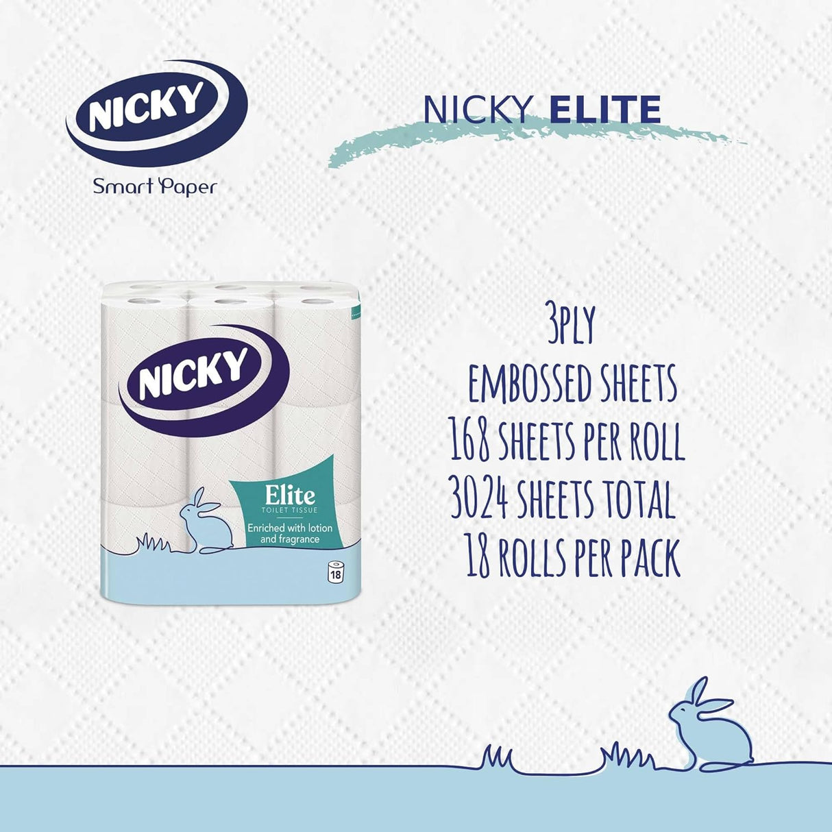 Nicky Elite 3 Ply Quilted Toilet Roll White - Pack of 9