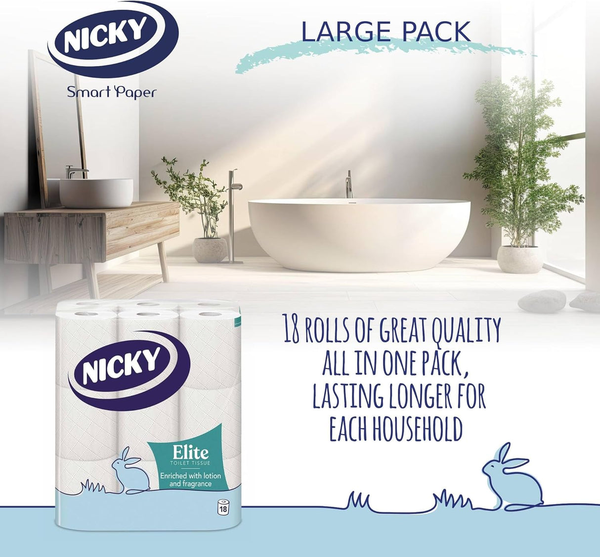Nicky Elite 3 Ply Quilted Toilet Roll White - Pack of 9