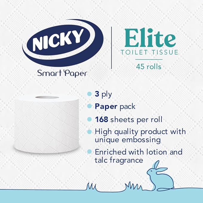 Nicky Elite 3 Ply Quilted Toilet Roll White - Pack of 9