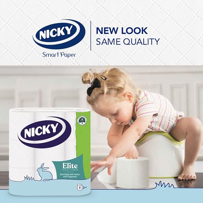 Nicky Elite 3 Ply Quilted Toilet Roll White - Pack of 9