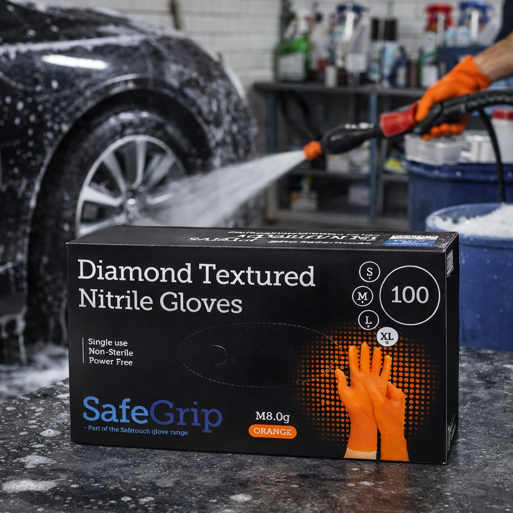 SafeGrip Diamond Grip Heavy Duty 8g Orange Nitrile Gloves Medium (Box of 100)