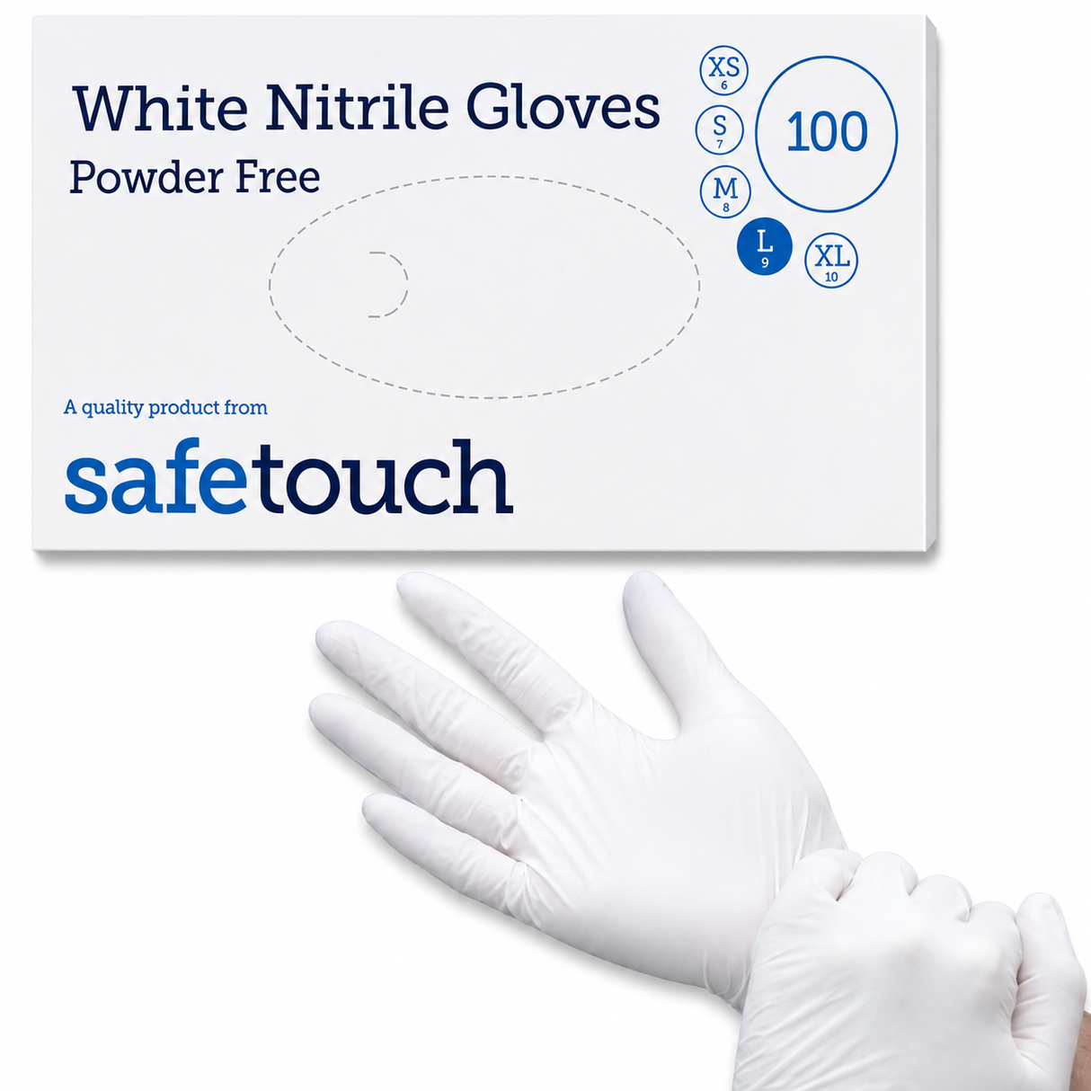 Safetouch White Nitrile Gloves Powder-Free, Medical Grade | Large (Box of 100)