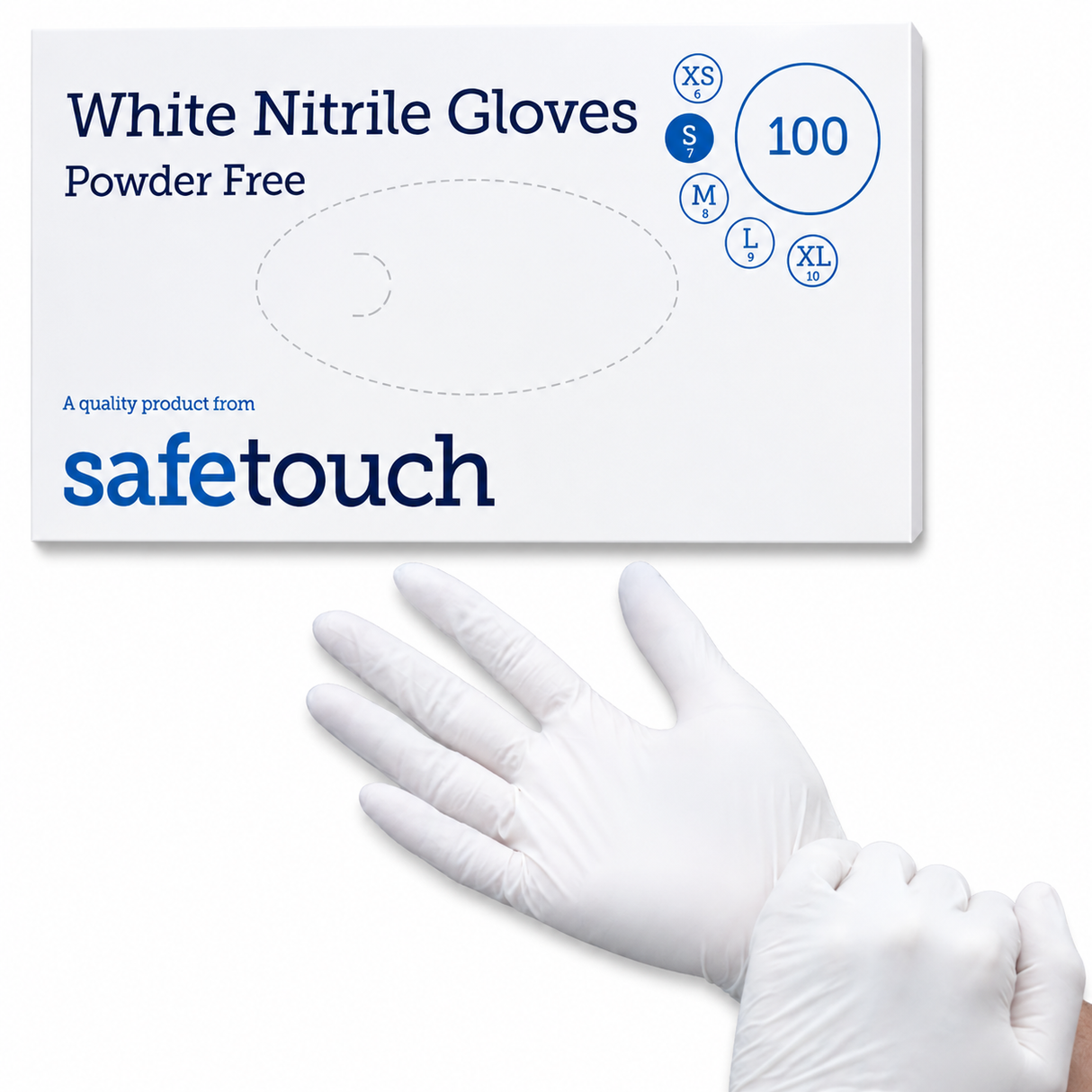 Safetouch White Nitrile Gloves Powder-Free, Medical Grade | Small (Box of 100)