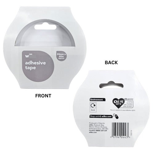 Wilko Clear Adhesive 24mm x 60m Packing Tape (1 Inch) Front and Back