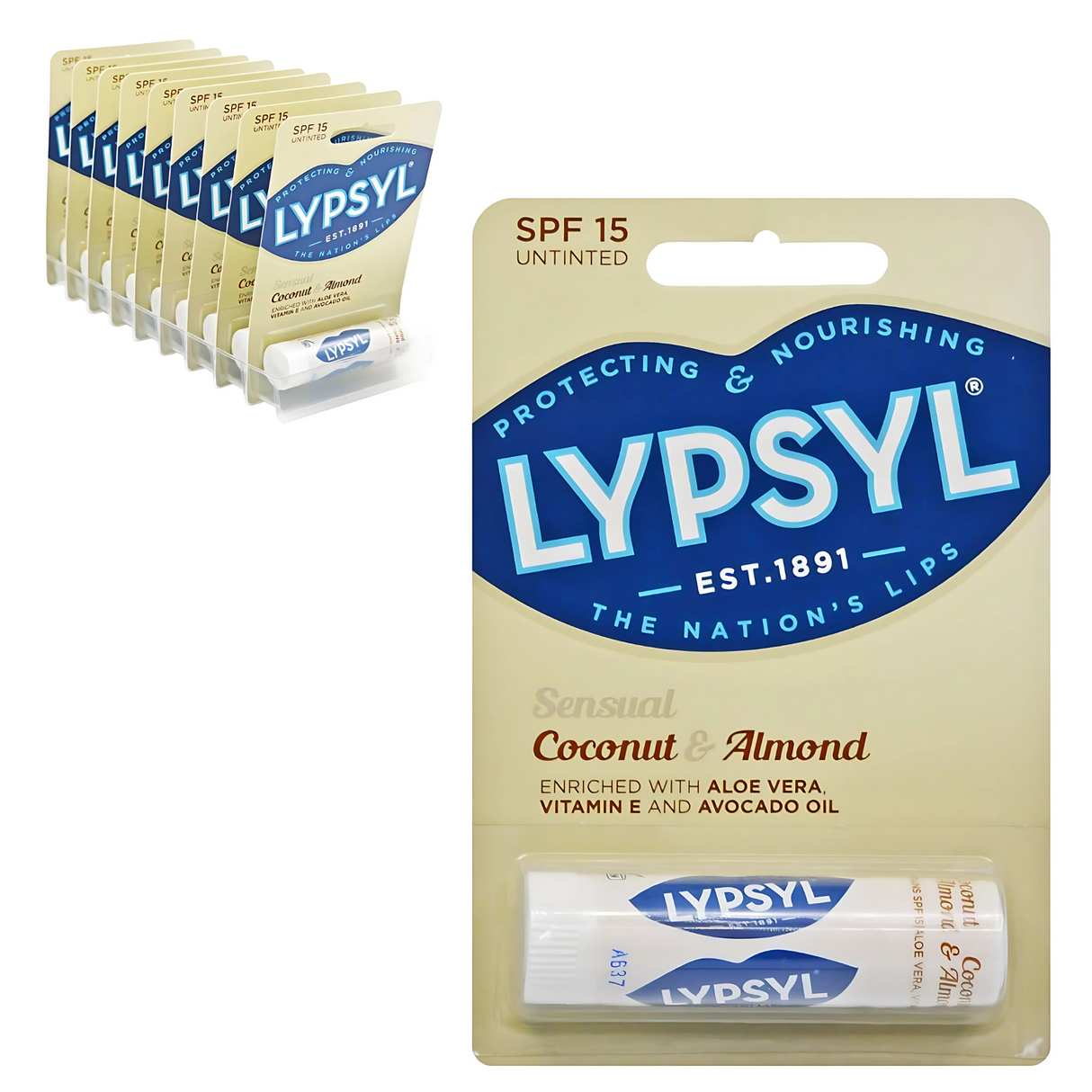Lypsyl Coconut & Almond Lip Balm SPF15 Carded Stick 4.2g | Pack of 9