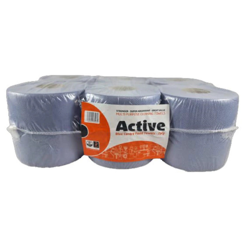 Active Centrefeed Rolls, 2-Ply, Blue - Pack of 6 Rolls