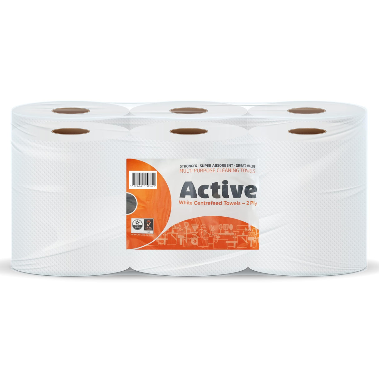 Active Centrefeed Rolls, 2-Ply, White - Pack of 6 Rolls