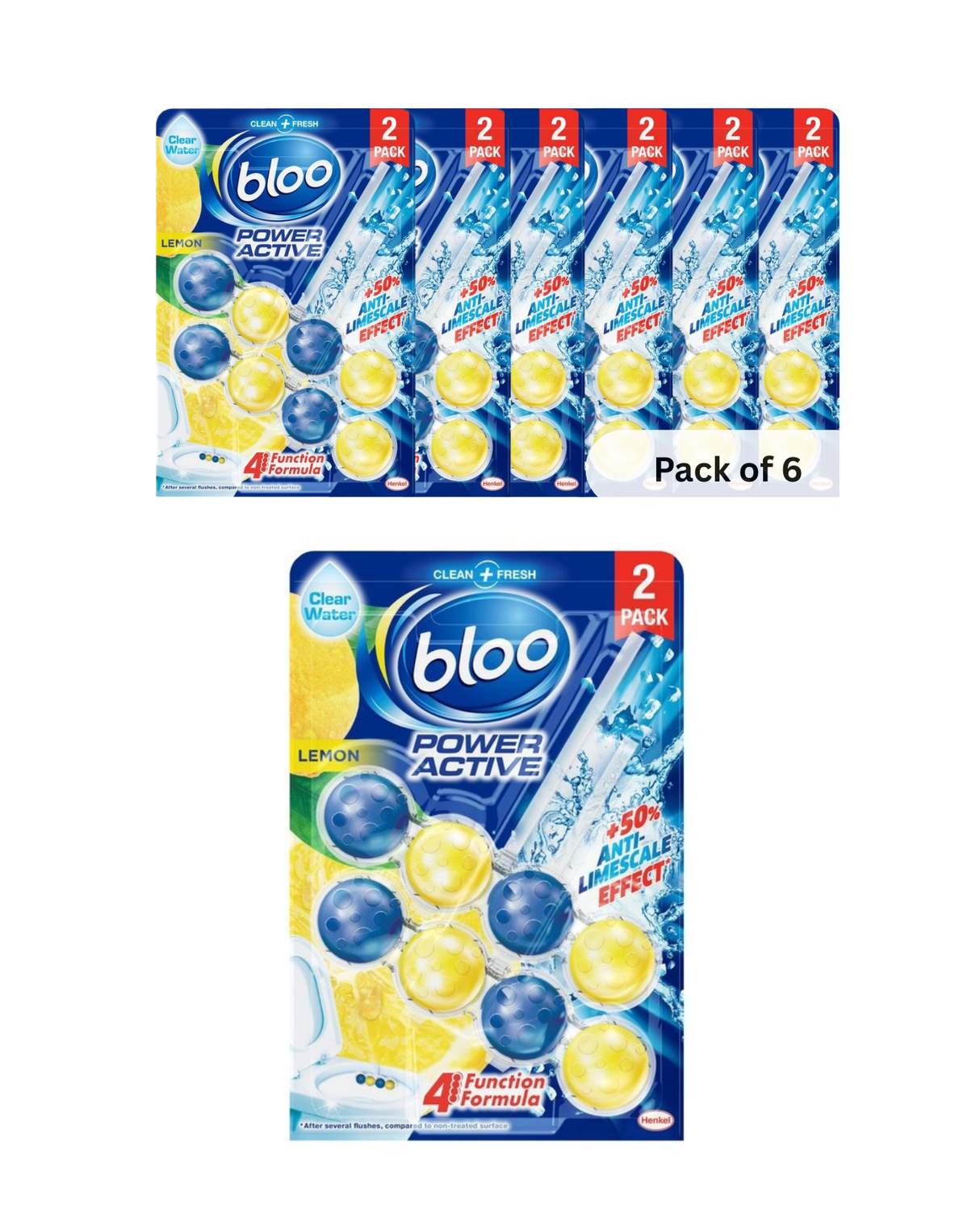 Pack of 6 Bloo Power Active Lemon Twin Toilet Rim Block (2 x 50g)
