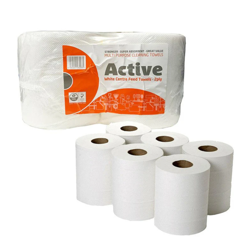 Active Centrefeed Rolls, 2-Ply, White - Pack of 6 Rolls
