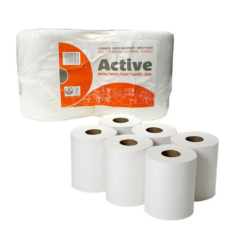 Active Centrefeed Rolls, 2-Ply, White - Pack of 6 Rolls