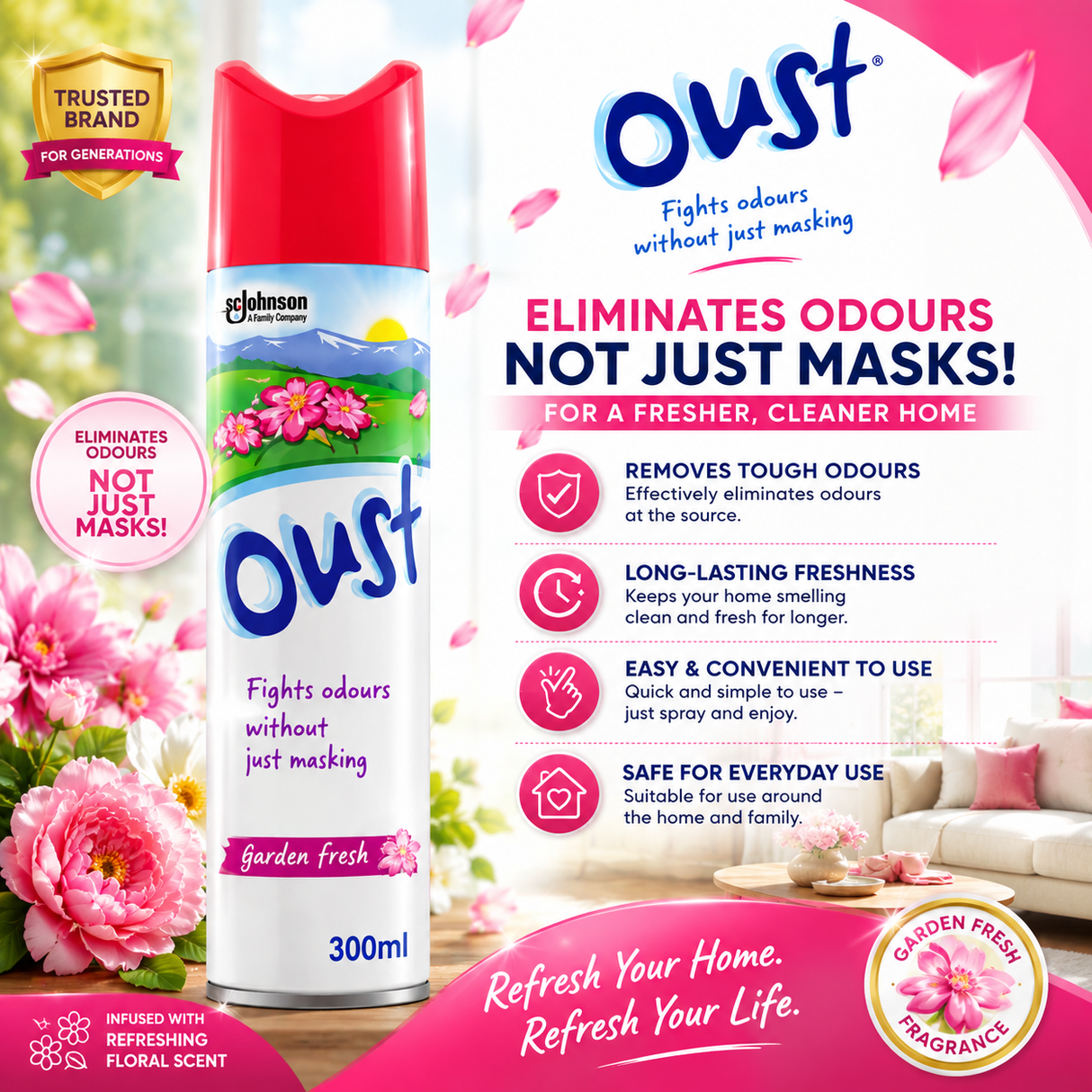 Oust Odour Eliminator Garden Fresh Air Freshener 300ml | Pack of 12