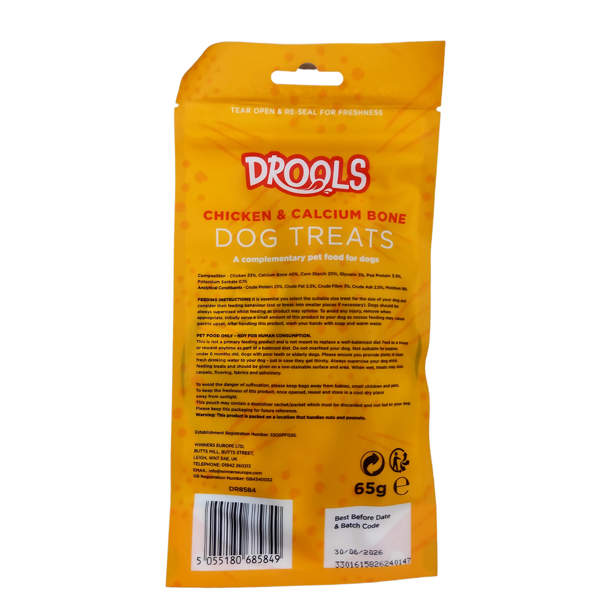 Drools Chicken & Calcium Bone Dog Treats 65g (DR8584)