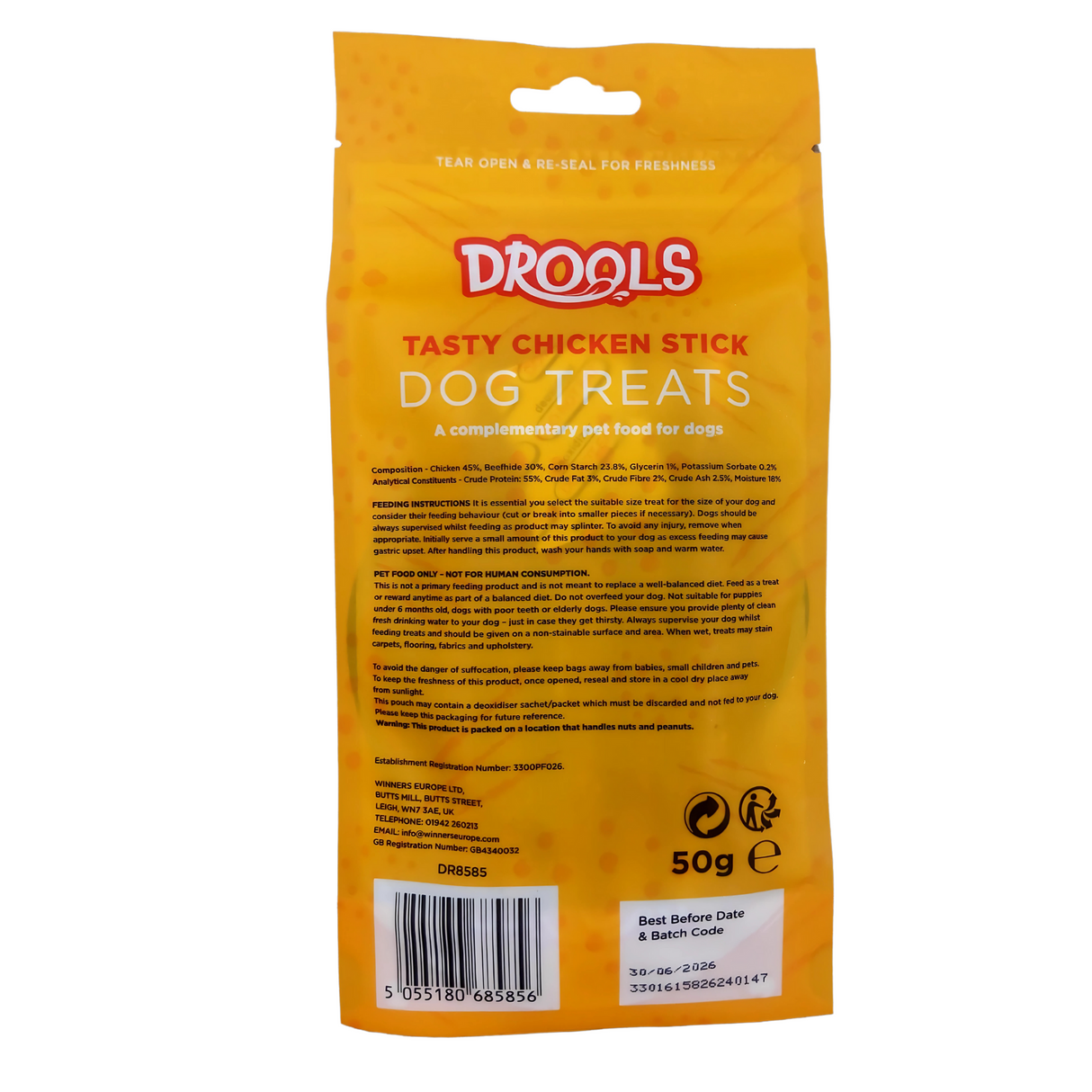 Drools Tasty Chicken Stick Dog Treats 50g (DR8585)