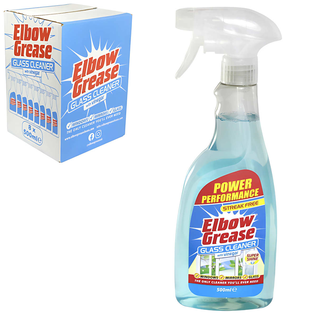 Elbow Grease Glass Cleaner with Vinegar Trigger 500ml | Pack of 8