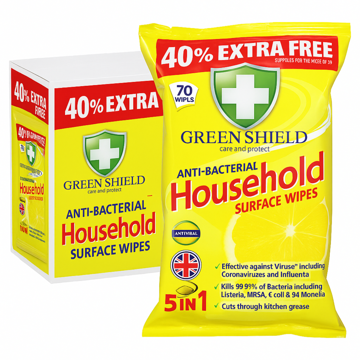 Green Shield Anti-Bacterial Household Surface Wipes 70s I Pack of 12 