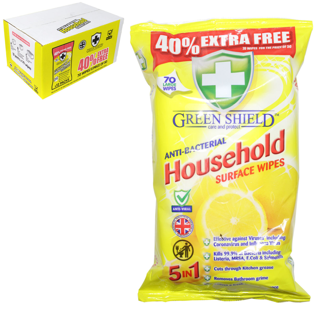 Green Shield Anti-Bacterial Household Surface Wipes 70s I Pack of 12
