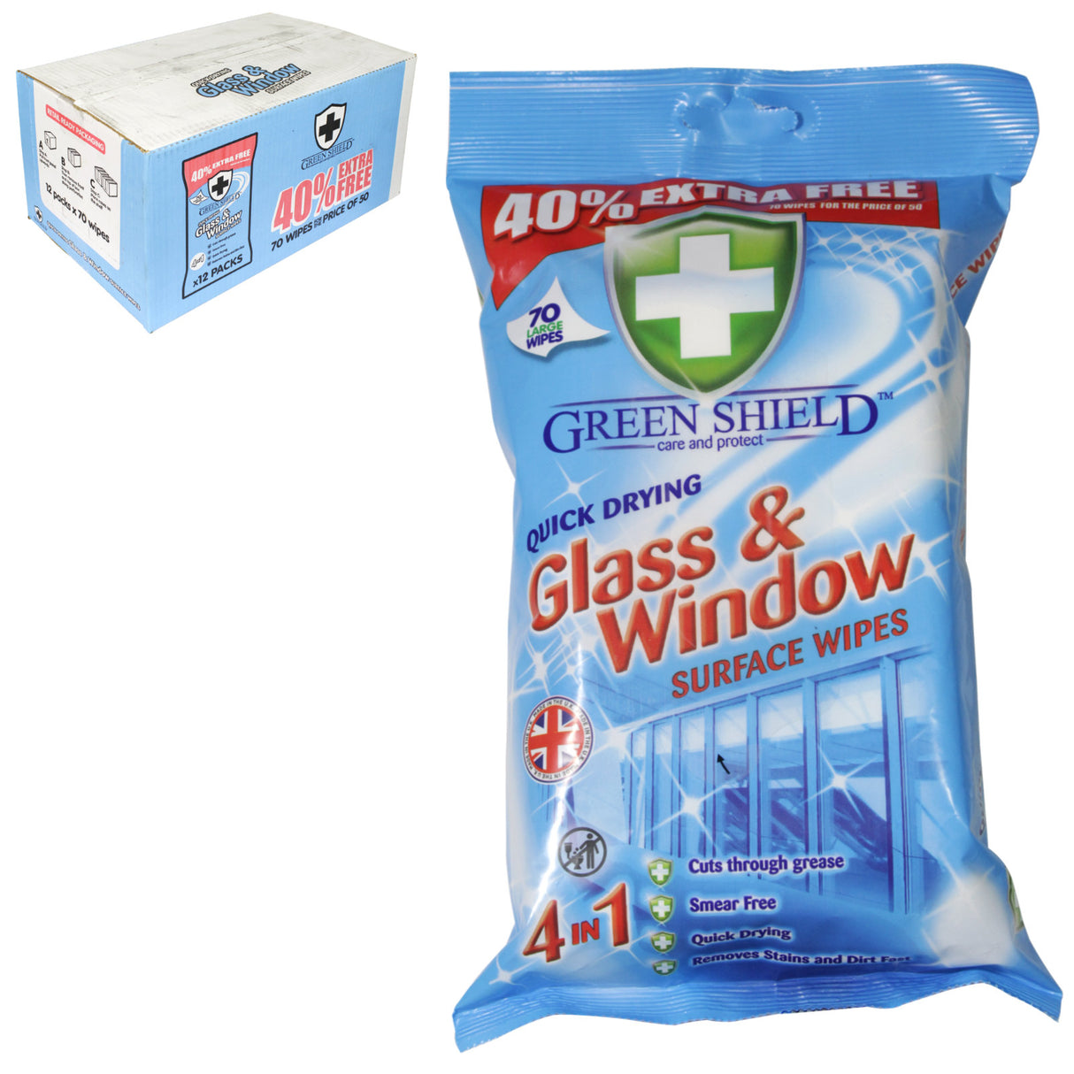 Green Shield Glass & Window Surface Wipes 70s I Pack of 12