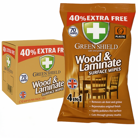 Green Shield Wood & Laminate Surface Wipes 70s I Pack of 12