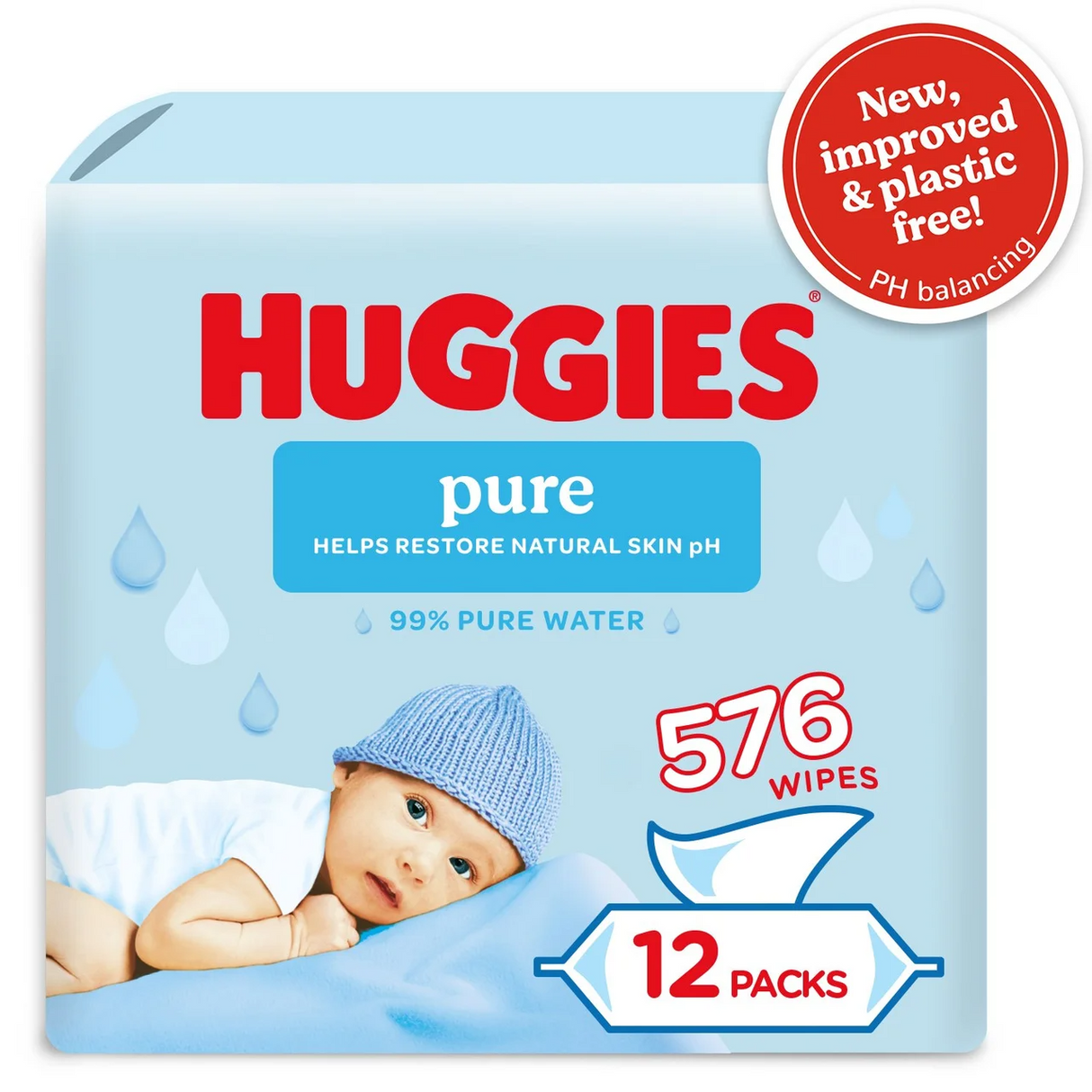 Huggies Pure Water Plastic Free Baby Wipes 48s | Pack of 12
