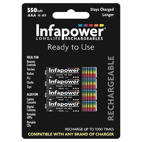 Infapower Rechargeable AAA 550mAh Ni-MH Batteries - 4 Pack