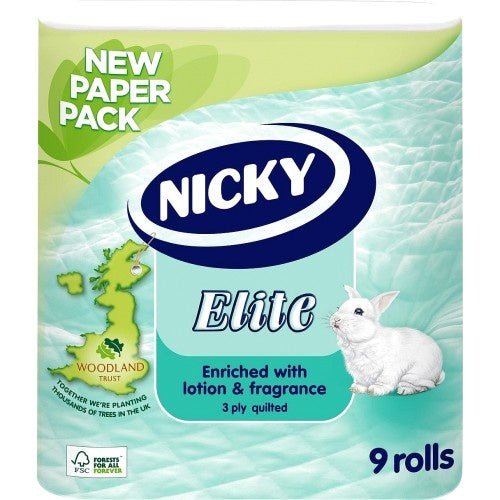 Nicky Elite 3 Ply Quilted Toilet Roll White - Pack of 9