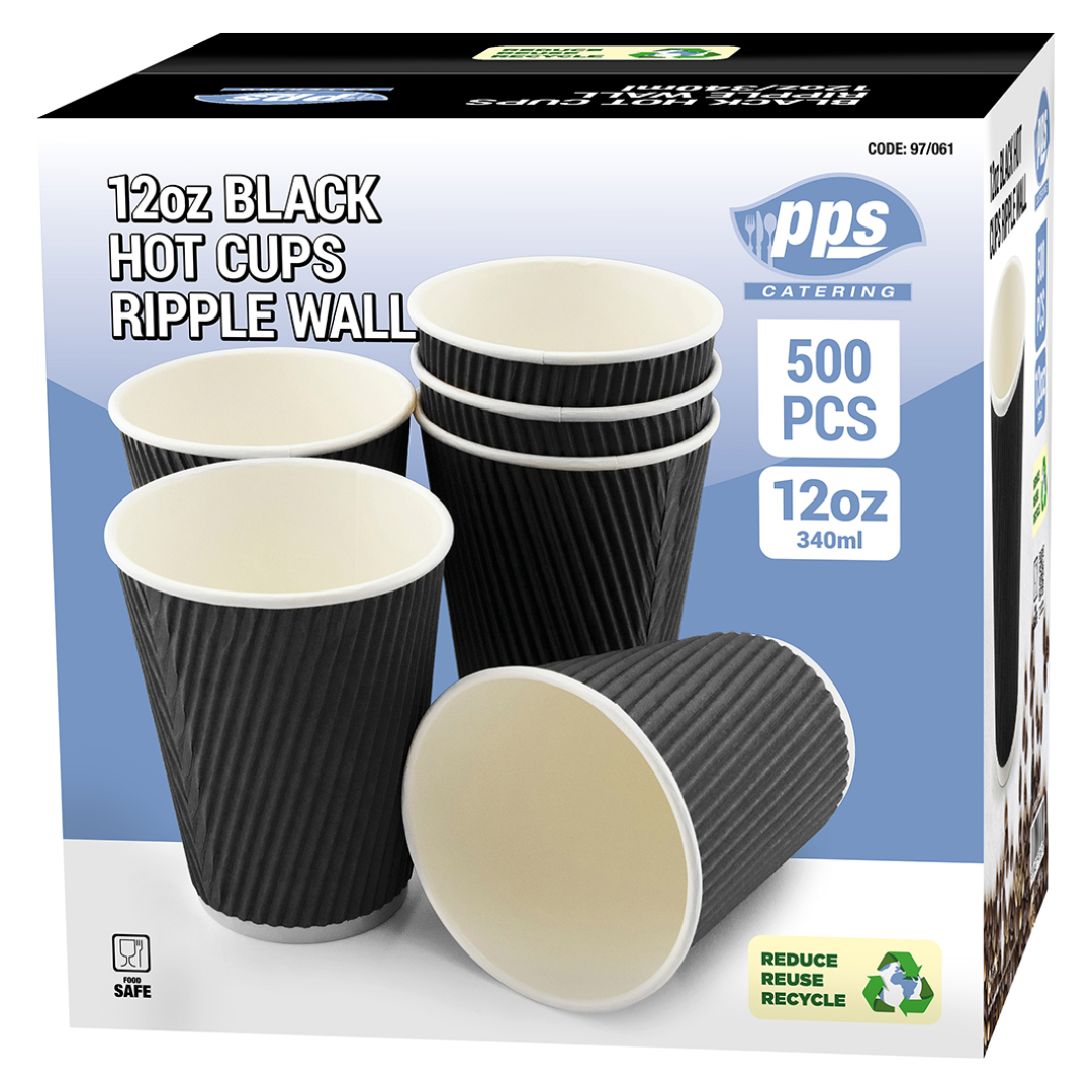 PPS Catering Black Hot Cups Ripple Wall 12oz / 340ml - Box of 500 Cups