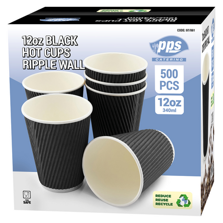 PPS Catering Black Hot Cups Ripple Wall 12oz / 340ml - Box of 500 Cups