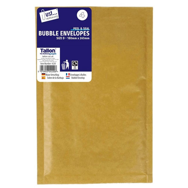 Peel & Seal Manila Bubble Envelopes | Size D - 180mm x 265mm (4 Pack)