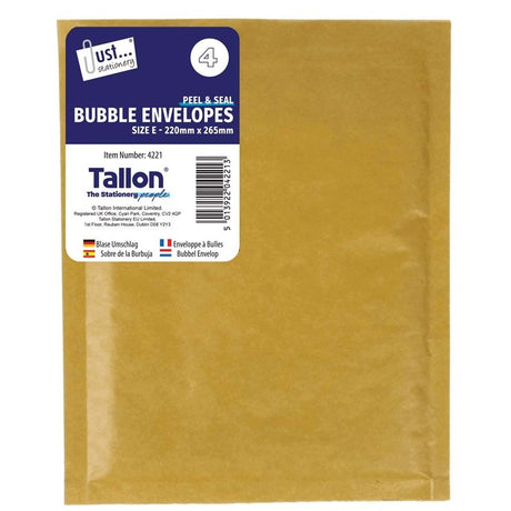 Peel & Seal Manila Bubble Envelopes | Size E - 220mm x 265mm (4 Pack)