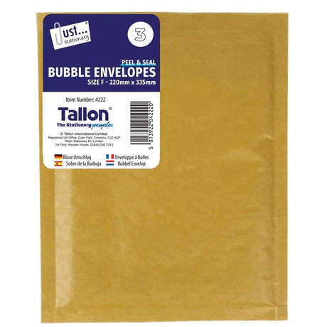 Peel & Seal Manila Bubble Envelopes | Size F - 220mm x 335mm (3 Pack)