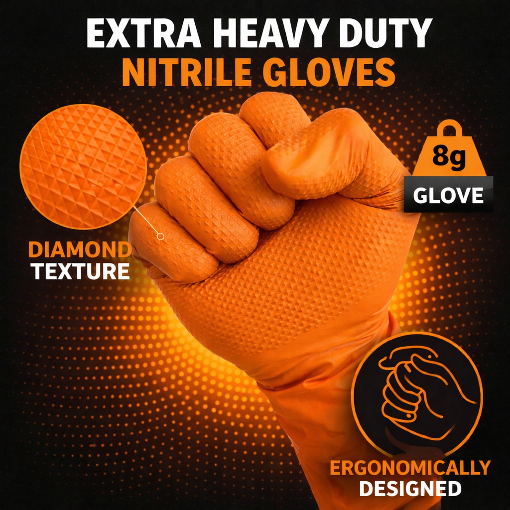 SafeGrip Diamond Grip Heavy Duty 8g Orange Nitrile Gloves Medium (Box of 100)