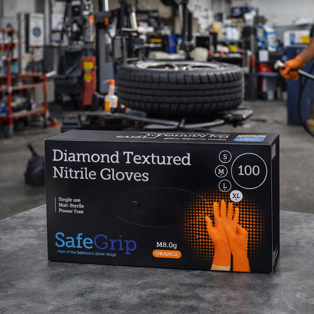 SafeGrip Diamond Grip Heavy Duty 8g Orange Nitrile Gloves Medium (Box of 100)