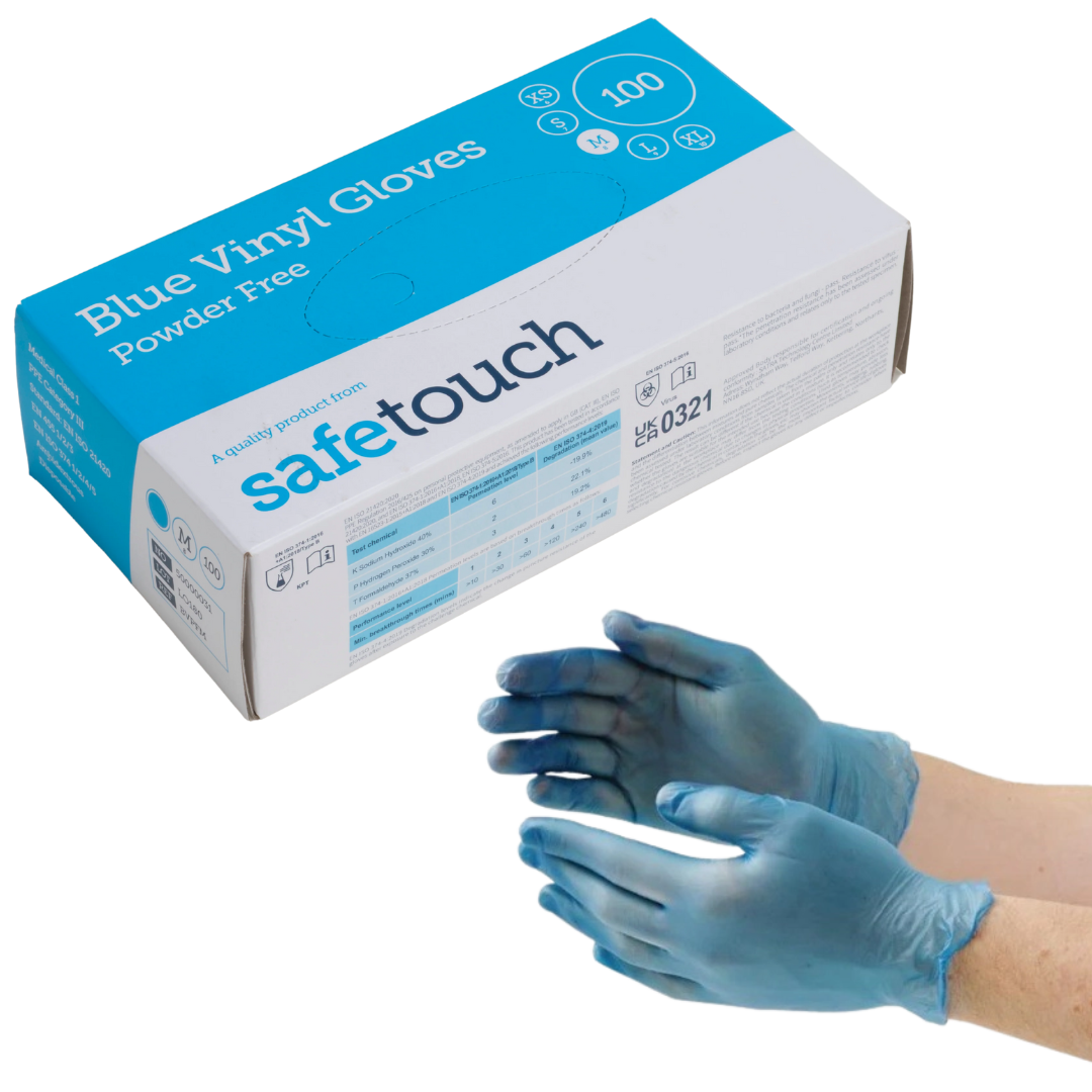 Safetouch Blue Vinyl Gloves Powder-Free, Medium (Box of 100)