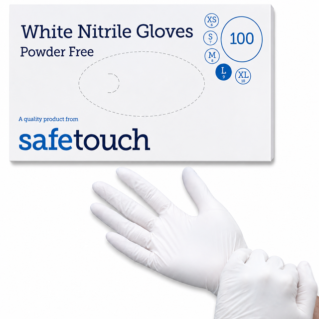 Safetouch White Nitrile Gloves Powder-Free, Medical Grade | Large (Box of 100)