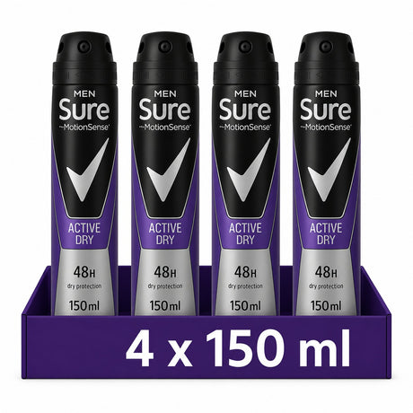 Sure Men Active Dry Antiperspirant Deodorant 150ml | Pack of 4