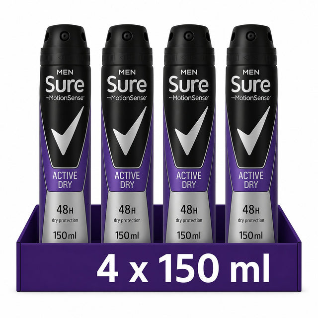 Sure Men Active Dry Antiperspirant Deodorant 150ml | Pack of 4