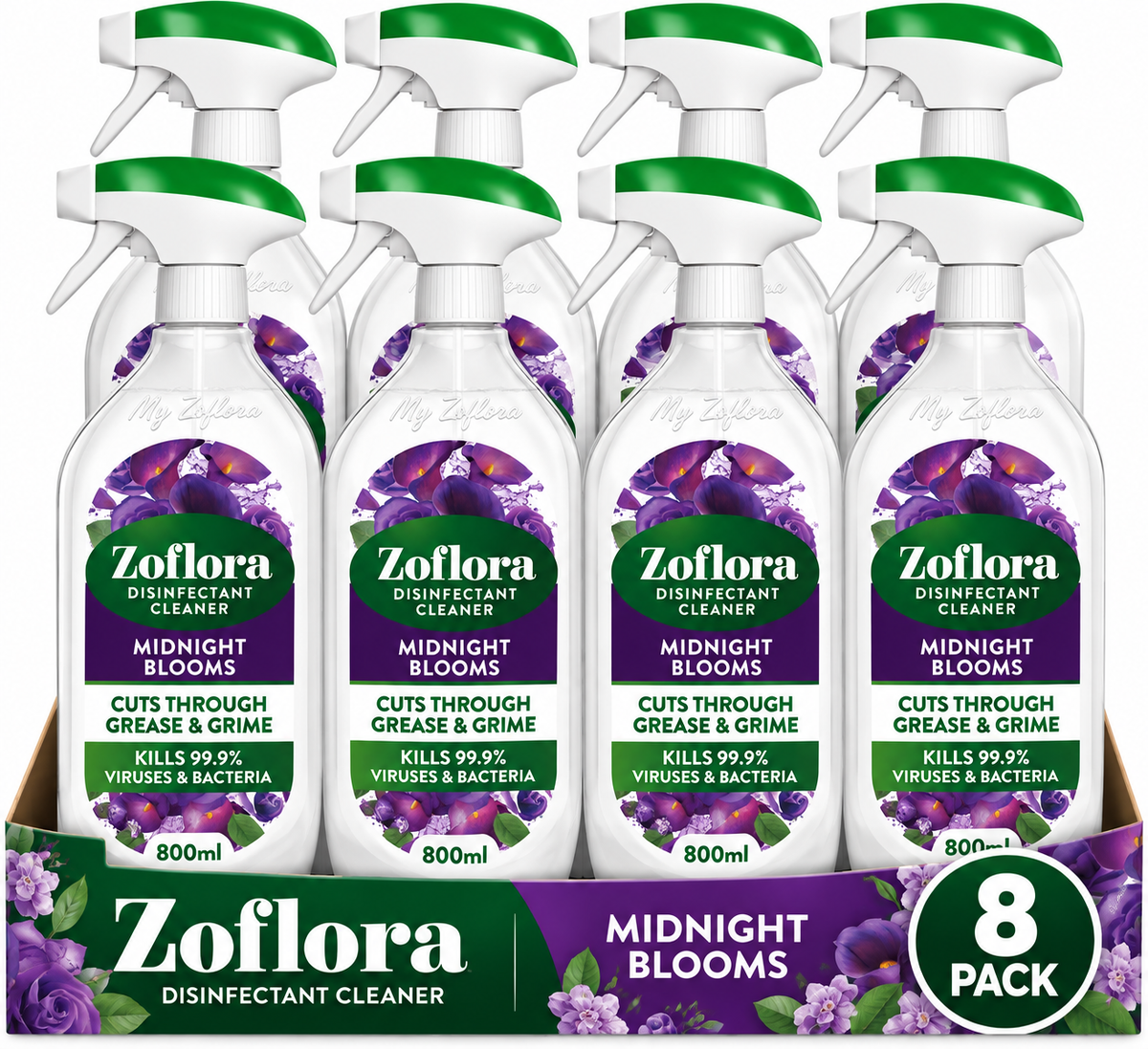 Zoflora Multi-Purpose Disinfectant Trigger Spray Midnight Blooms 800ml | Pack of 8