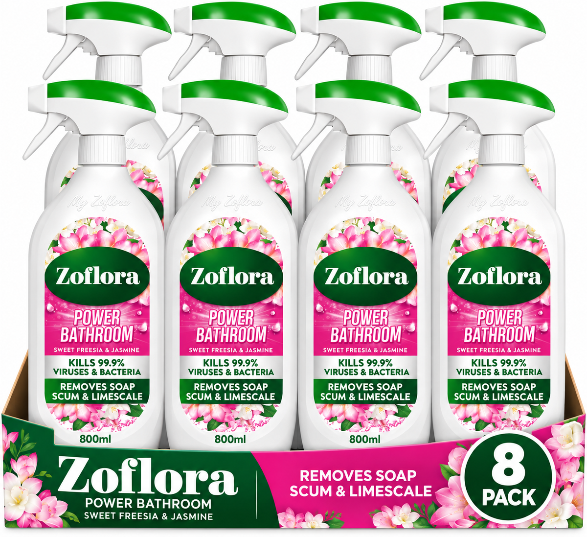 Zoflora Power Bathroom Cleaner Trigger Sweet Freesia & Jasmine 800ml | Pack of 8